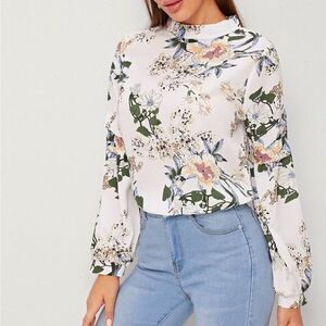 Floral Print Mock Neck Keyhole Back Blouse